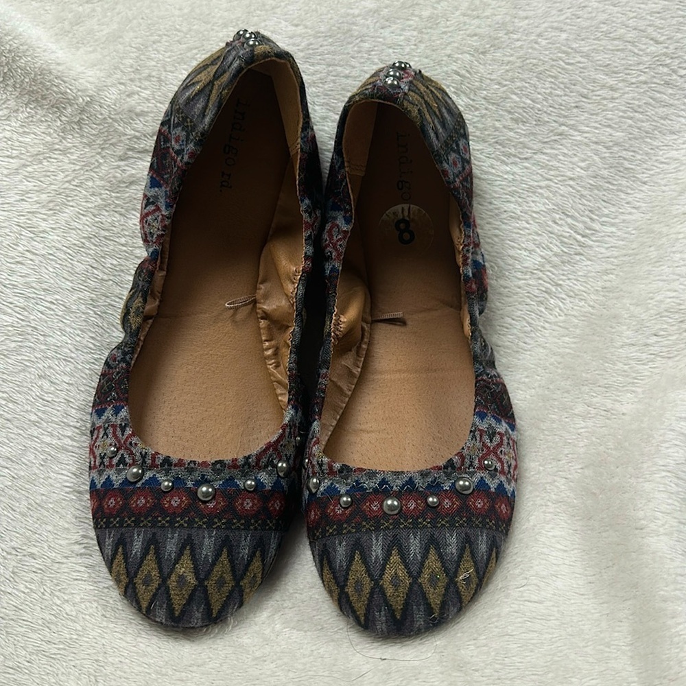INDIGO RD. Ballet Flats, Geometric textile print with silver accent studs, 8